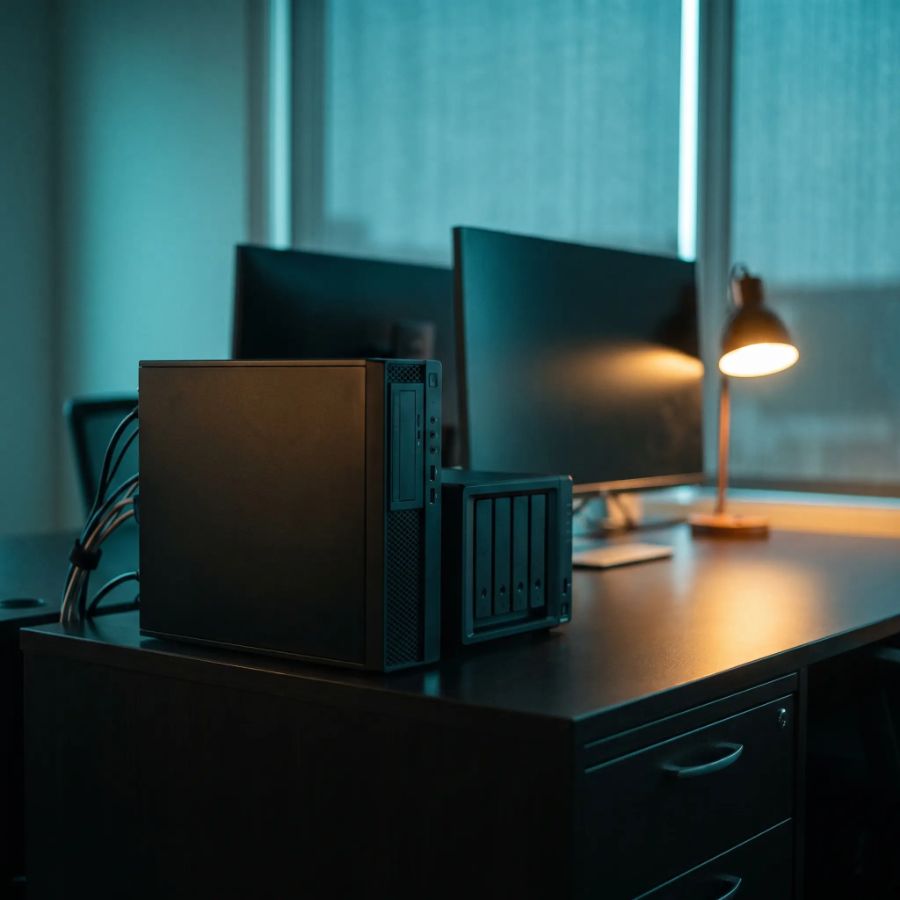 Serveur compact et NAS sur un bureau d'entreprise